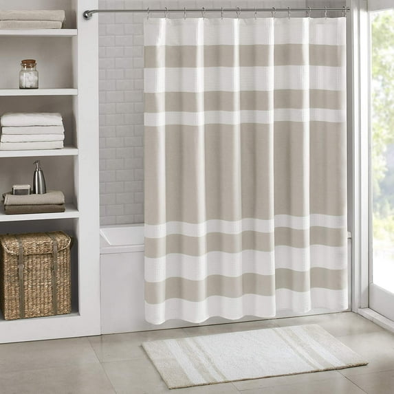 Park Shower Curtain Waffle Weave Striped Pieced Design Fabric Shower Curtain with 3M Scotchgard Moisture Management Premium Spa Quality Modern Shower Curtains for Bathroom Standard 72"x72" Taupe