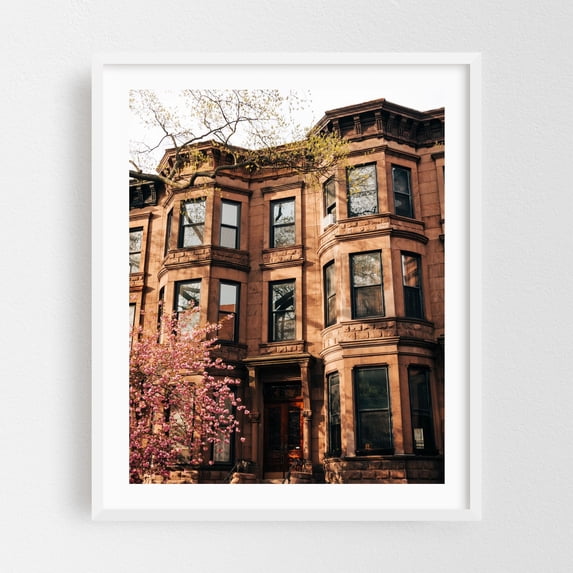 Park Slope Brownstones 01 - Brooklyn New York Photography Architecture City Flowers Vintage Street Photography Botanical White Framed Wall Art Print 6 x 8 inches