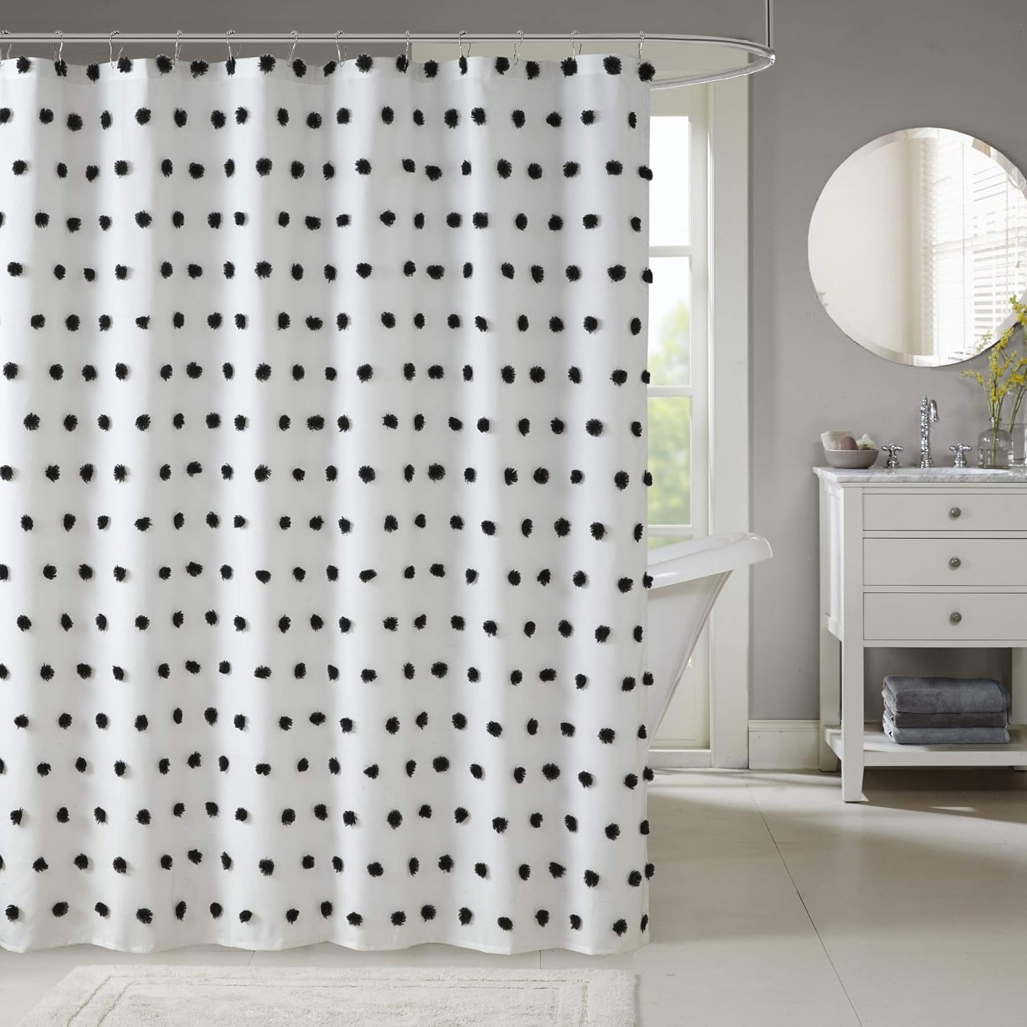 Park Sophie Trendy Shower Curtain with Textured PomPoms Accent, Modern Bathroom Décor, Machine