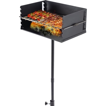 Park-Style Charcoal Grill, Heavy Duty Steel Outdoor BBQ Park Grill with Stainless Steel Cooking Grate and Post for Backyard or Camping, Black, 25x17in