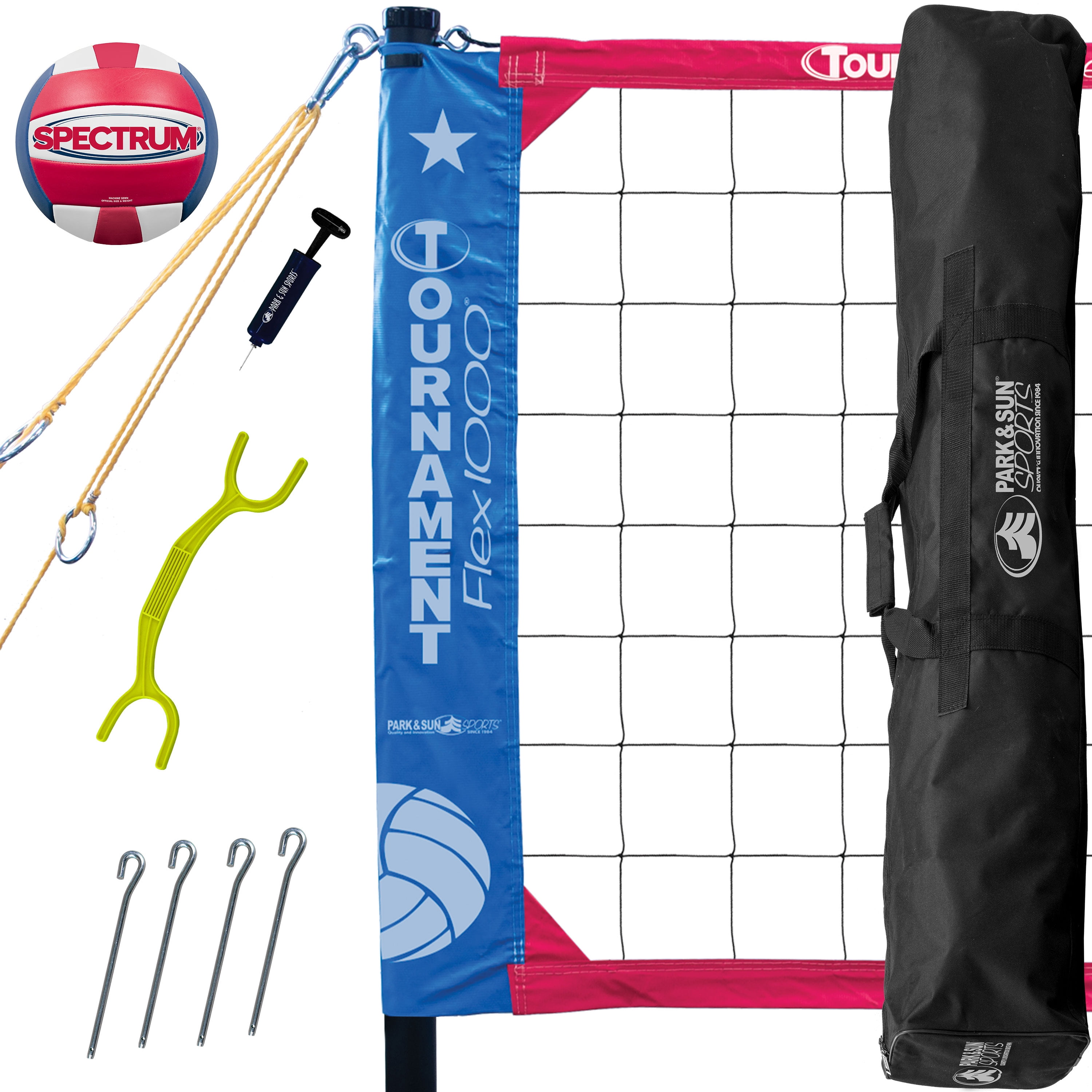 Park & Sun Sports Tournament Flex 1000 Outdoor Volleyball Set with Red and Blue Net for Grass or Beach