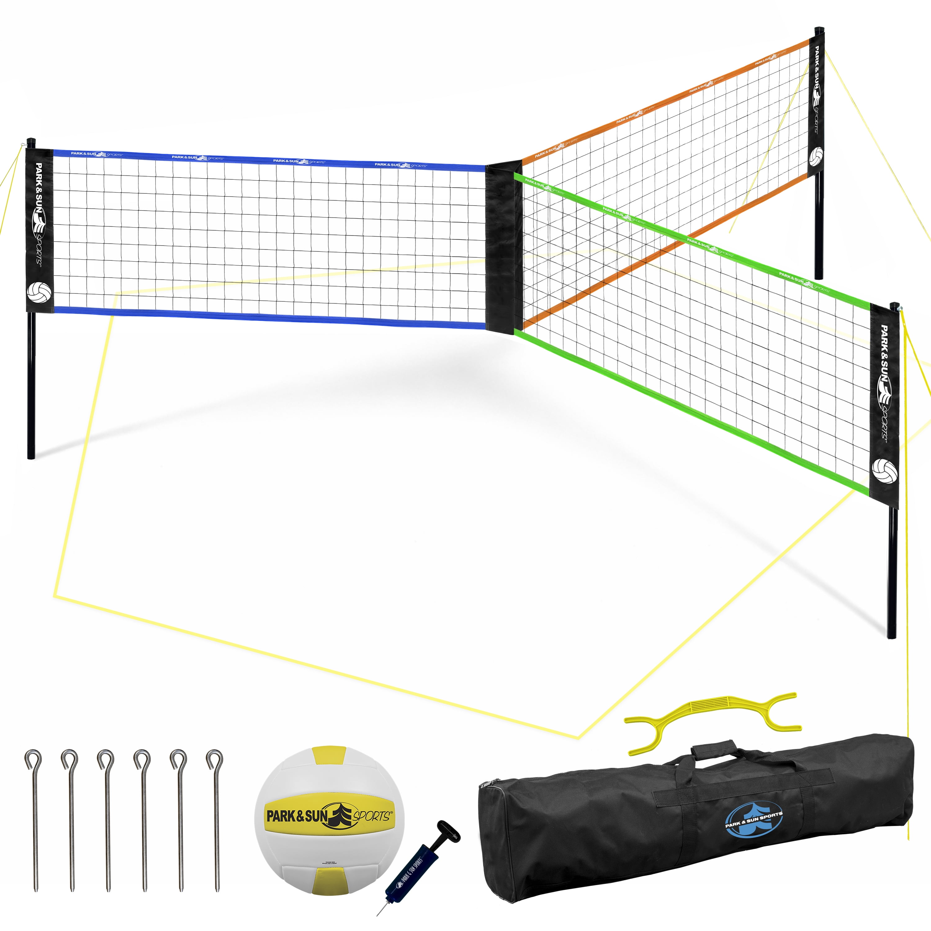 Park & Sun Sports Tri-Ball FUN 3-Net Volleyball System – Portable 3-Team Outdoor Game Set with Boundary, Ball & Pump
