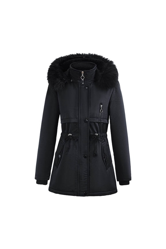 Parka Coat for Women Mid-Length Overcoat Drawstring Waist Warm Treach Coat with Pockets Quilted Coat with Faux Fur Hood Casual Winter Thicken Puffer Loose Black L
