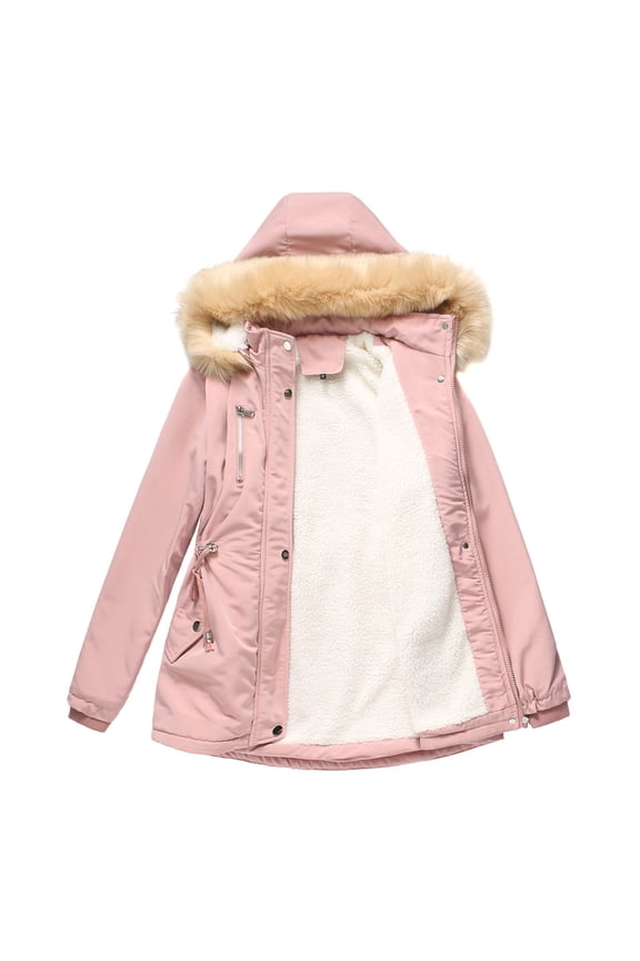 Parka Coat for Women Usmixi Winter Warm Thickened Cotton Overcoat for Women Long Sleeve Casual Solid Plush Hooded Jacket Elastic Waist Fleece Lined Outwear with Pocket 2025 Jacket Holiday