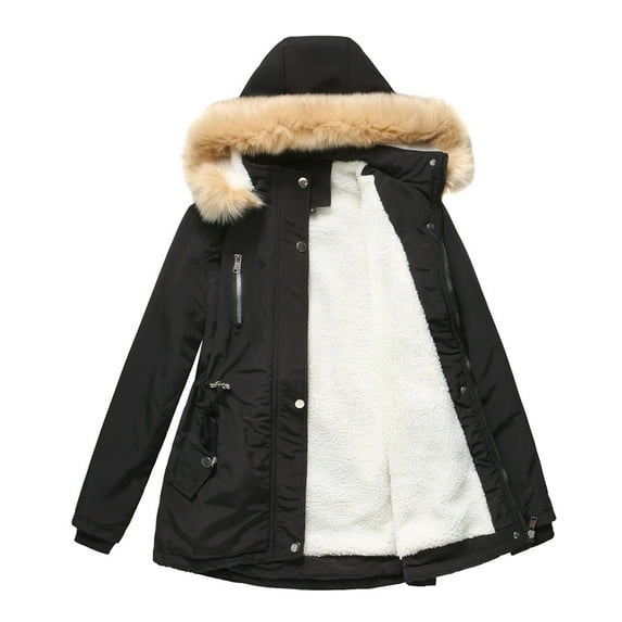 Parka Coat for Women wycnly Winter Warm Thickened Cotton Overcoat for Women Long Sleeve Casual Solid Plush Hooded Jacket Elastic Waist Fleece Lined Outwear with Pocket 2023 Jacket Holiday
