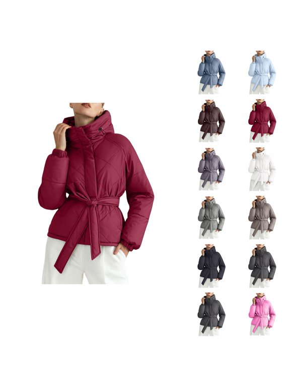 Parka Jacket Women 2026 Trendy Long Sleeve Thicken Zip Up Belted Hooded Jackets with Pockets