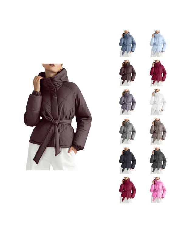 Parka Jacket Women 2026 Trendy Long Sleeve Thicken Zip Up Belted Hooded Jackets with Pockets