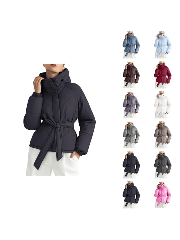 Parka Jacket Women 2026 Trendy Long Sleeve Thicken Zip Up Belted Hooded Jackets with Pockets