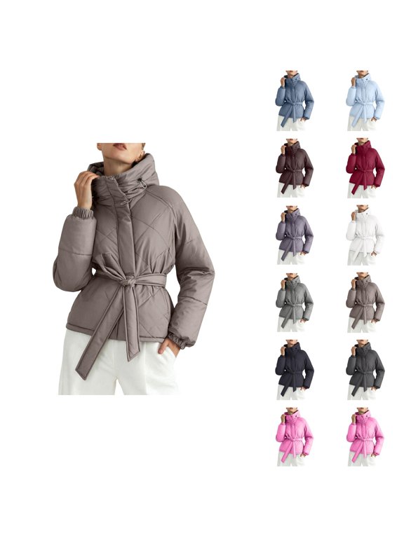Parka Jacket Women 2026 Trendy Long Sleeve Thicken Zip Up Belted Hooded Jackets with Pockets