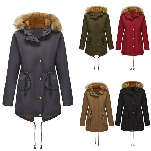 Parka Jacket for Women Winter Warm Hooded Coat Faux Fur Trim Long Sleeve Thick Outerwear Casual Zip Up Overcoat