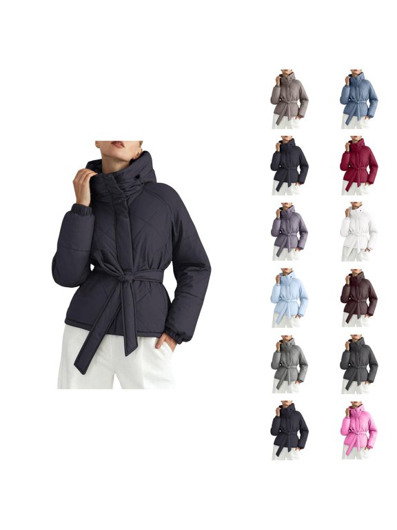 Parka Winter Coats for Women Long Sleeve Thicken Full Zipper Belted Hooded Coat with Pockets