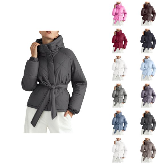 Parka Winter Coats for Women Long Sleeve Warm Full Zipper Belted Hooded Outerwear with Pockets