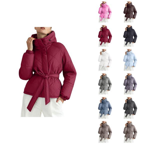 Parka Winter Coats for Women Long Sleeve Warm Full Zipper Belted Hooded Outerwear with Pockets