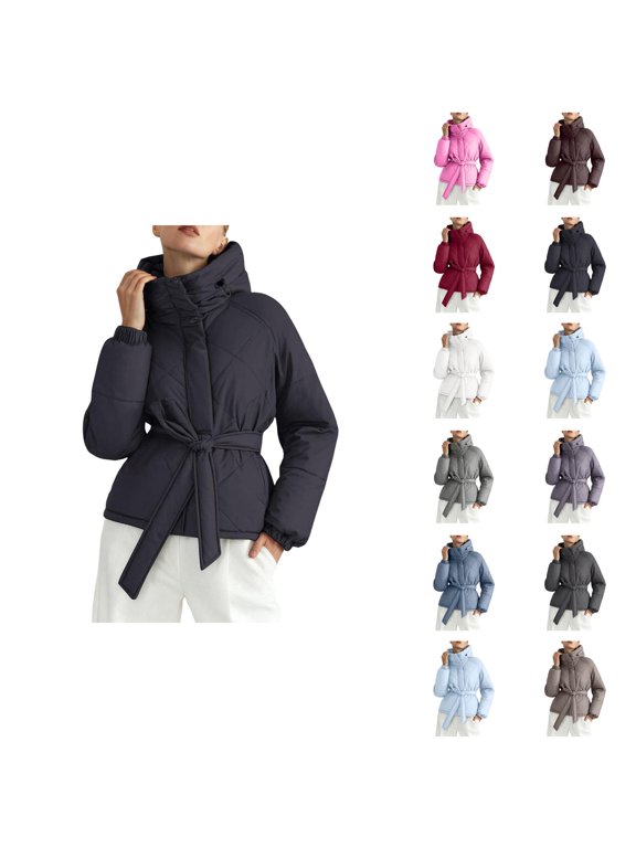 Parka Winter Coats for Women Long Sleeve Warm Full Zipper Belted Hooded Outerwear with Pockets