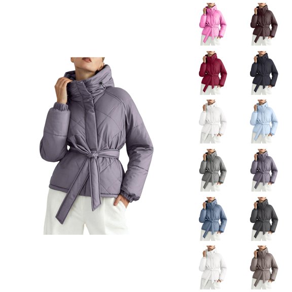 Parka Winter Coats for Women Long Sleeve Warm Full Zipper Belted Hooded Outerwear with Pockets