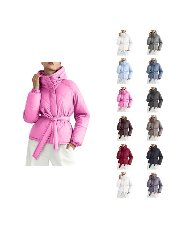 Parka Winter Coats for Women Long Sleeve Warm Zip Up Belted Hooded Outerwear with Pockets