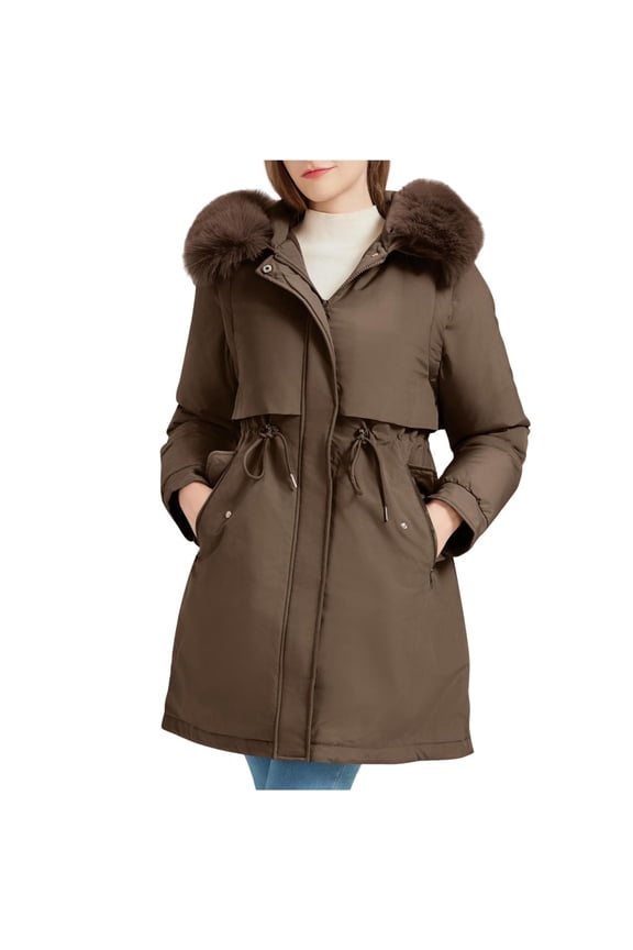 Parkas Jackets for Women Thicken Warm Faux-fur Tirm Hooded Long Parka Coat with Pockets Winter Puffer Outerwear (L, Coffee)