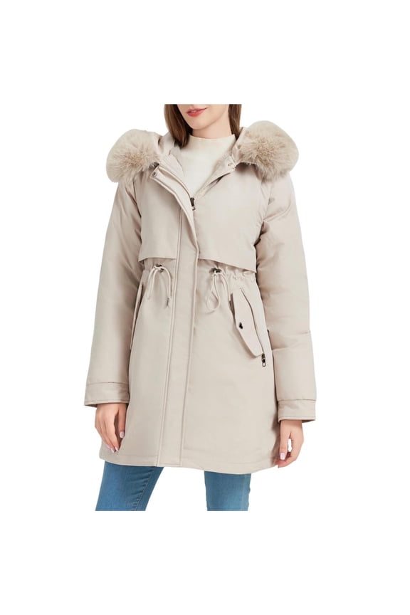 Parkas Jackets for Women Thicken Warm Faux-fur Tirm Hooded Long Parka Coat with Pockets Winter Puffer Outerwear (M, Beige)
