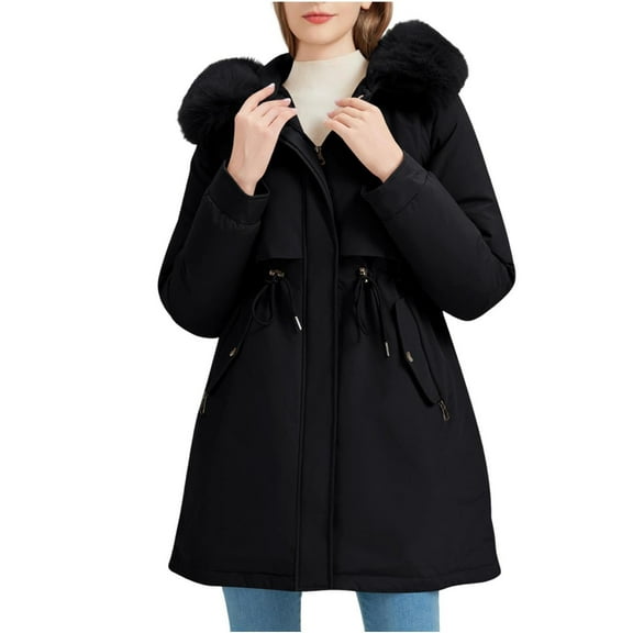 Parkas Jackets for Women Thicken Warm Faux-fur Tirm Hooded Long Parka Coat with Pockets Winter Puffer Outerwear (M, Black)