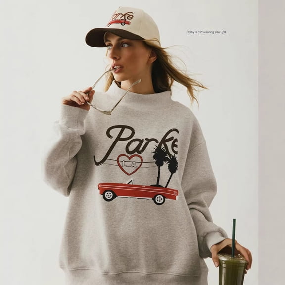 Women Oversized Mock Neck Sweatshirt, PARKE Letter Car Print Loose High Collar Casual Long Sleeve Pullover Tops