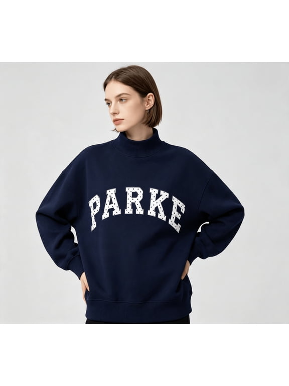 Parke Women's Polka Dot Mock Neck Sweatshirt, Vintage Letter Graphic Pullover, Casual Loose Fit Long Sleeve Top