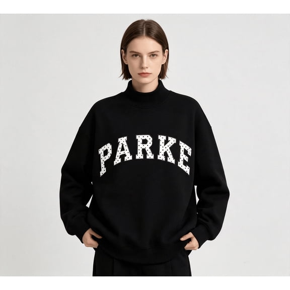 Parke Women's Polka Dot Mock Neck Sweatshirt, Vintage Letter Graphic Pullover, Casual Loose Fit Long Sleeve Top