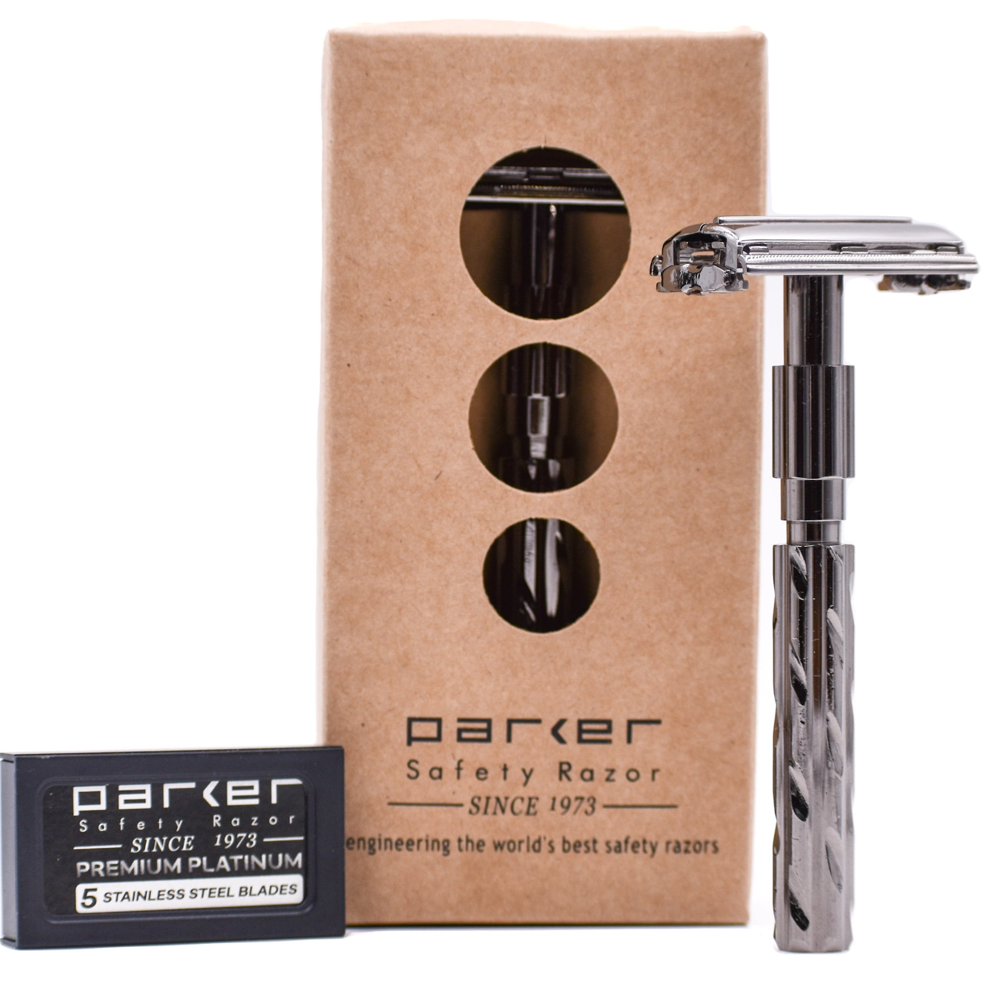 Parker 22R - Gunmetal Finish Butterfly Open Safety Razor and 5 Parker Razor Blades