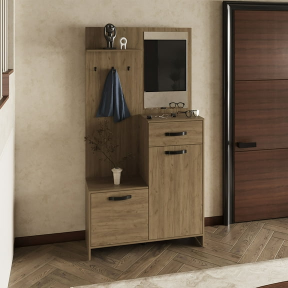 Parker 75" Tall Mirrored Tree Hall with Hangers, Three Shelves, Two Cabinets, One Drawer, Entry way, Console Table, Living Room Light Oak