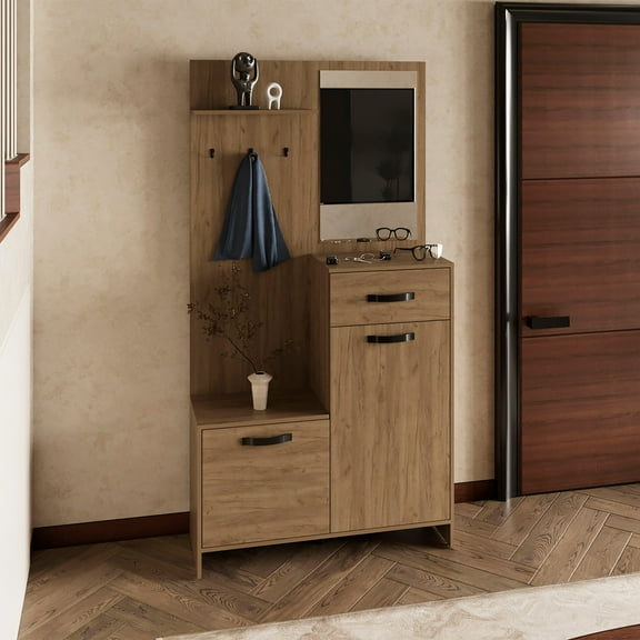 Parker 75" Tall Mirrored Tree Hall with Hangers, Three Shelves, Two Cabinets, One Drawer, Entry way, Console Table, Living Room Light Oak