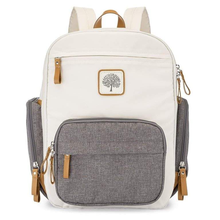 Parker Baby Diaper Backpack Full Zip Diaper Bag with Insulated Pockets Gray Accents Cream