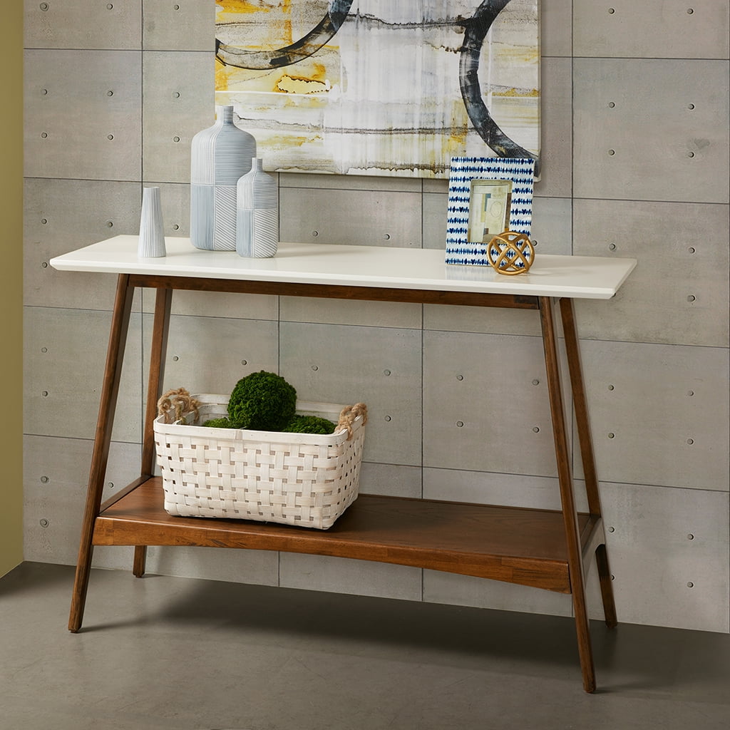 Mid-Century Two-Tone Off-White and Wood Console Table with Shelf