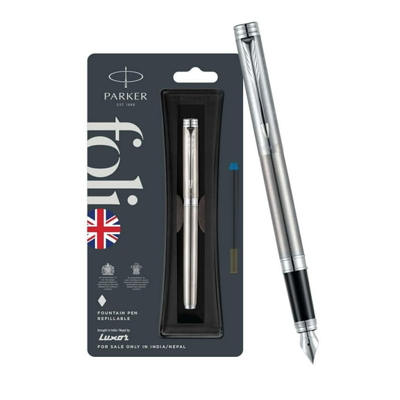 Parker Folio Stainless Steel Chrome Trim Fountain Pen with 1 Ink Cartridge