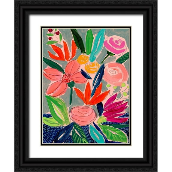 Parker, Jennifer Paxton 19x24 Black Ornate Wood Framed with Double Matting Museum Art Print Titled - Naive Neon Bouquet I