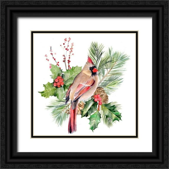 Parker, Jennifer Paxton 26x26 Black Ornate Wood Framed with Double Matting Museum Art Print Titled - Cardinal Holly Christmas II