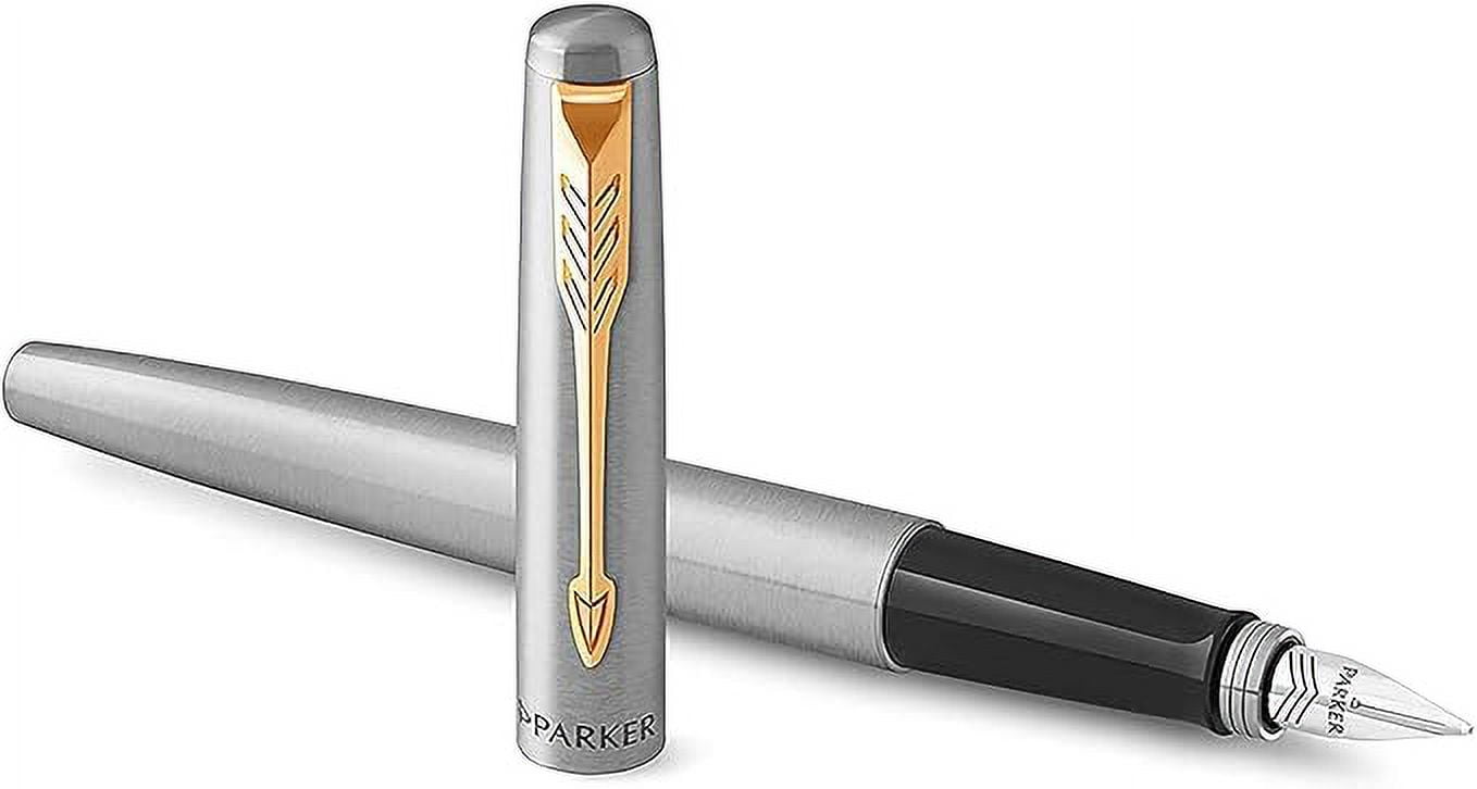 Parker Jotter Fountain Pen | Stainless Steel with Gold Trim | Medium Nib Blue Ink | Includes Gift Box