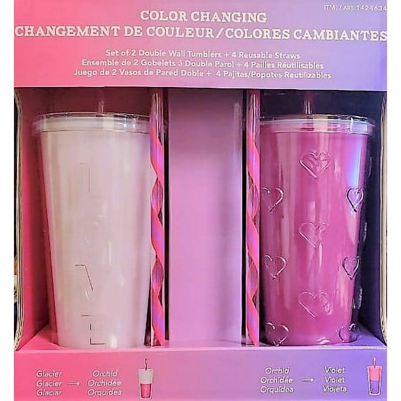 Parker Lane Pink/Purple Set of 2 Double Wall Tumblers + 4 Reusable Straws
