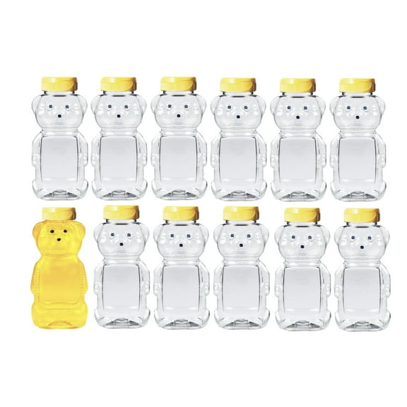 Parker Made in USA Honey Bottle Bear 12 Oz Clear Container Squeeze Jar with Lid, Bulk PETE (12 Pack)
