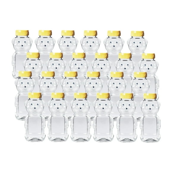 Parker Made in USA Honey Bottle Bear 8 Oz. Clear Container Squeeze Jar with Lid, Bulk PETE (24 Pack)