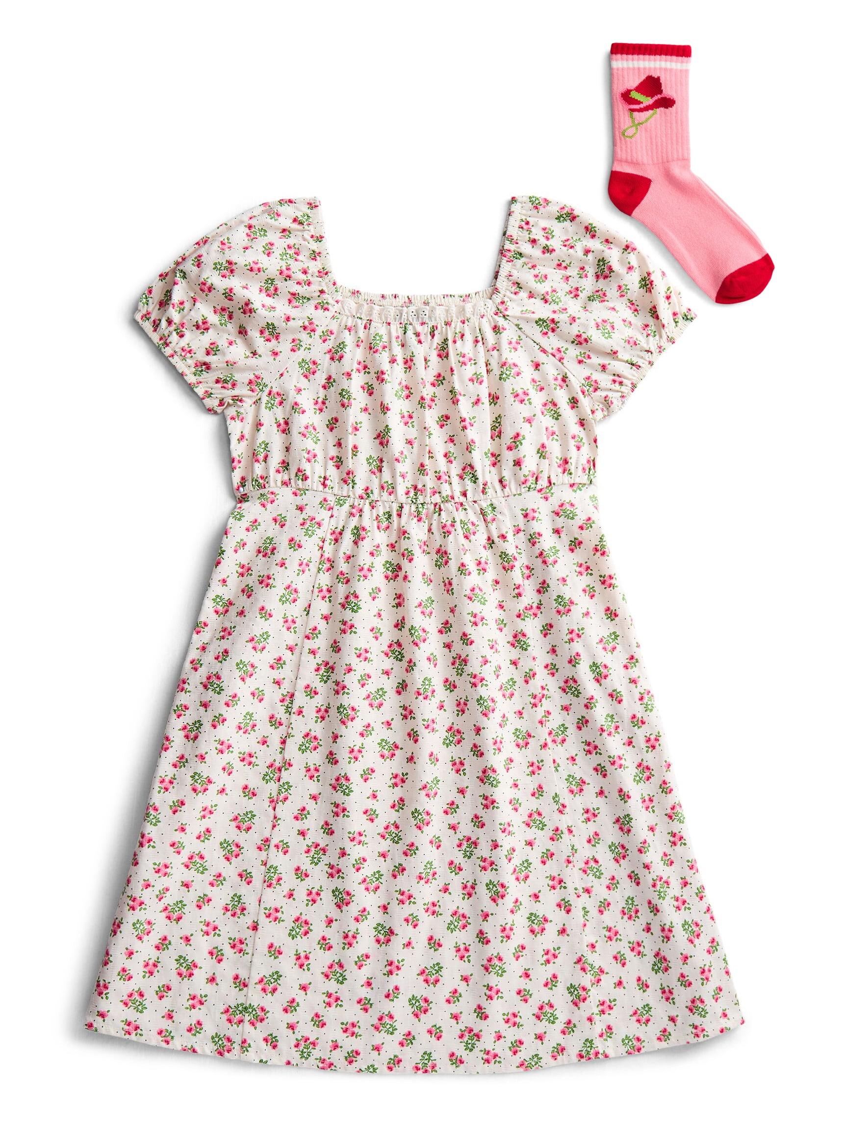Parker Rose Girls Cotton Puff Sleeve Dress and Socks, Sizes 4-18