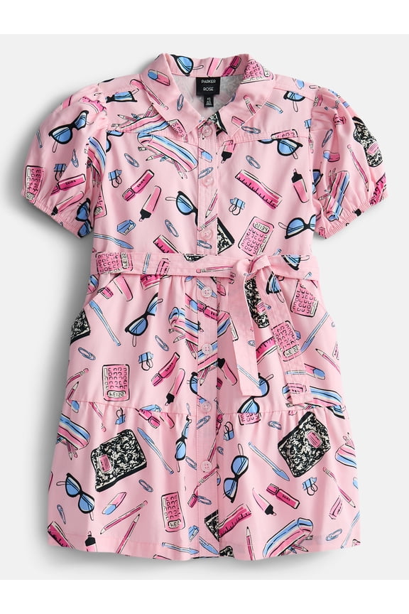 Girls Button Front Tie Waist Dress with Puff Sleeves, Sizes 4-18