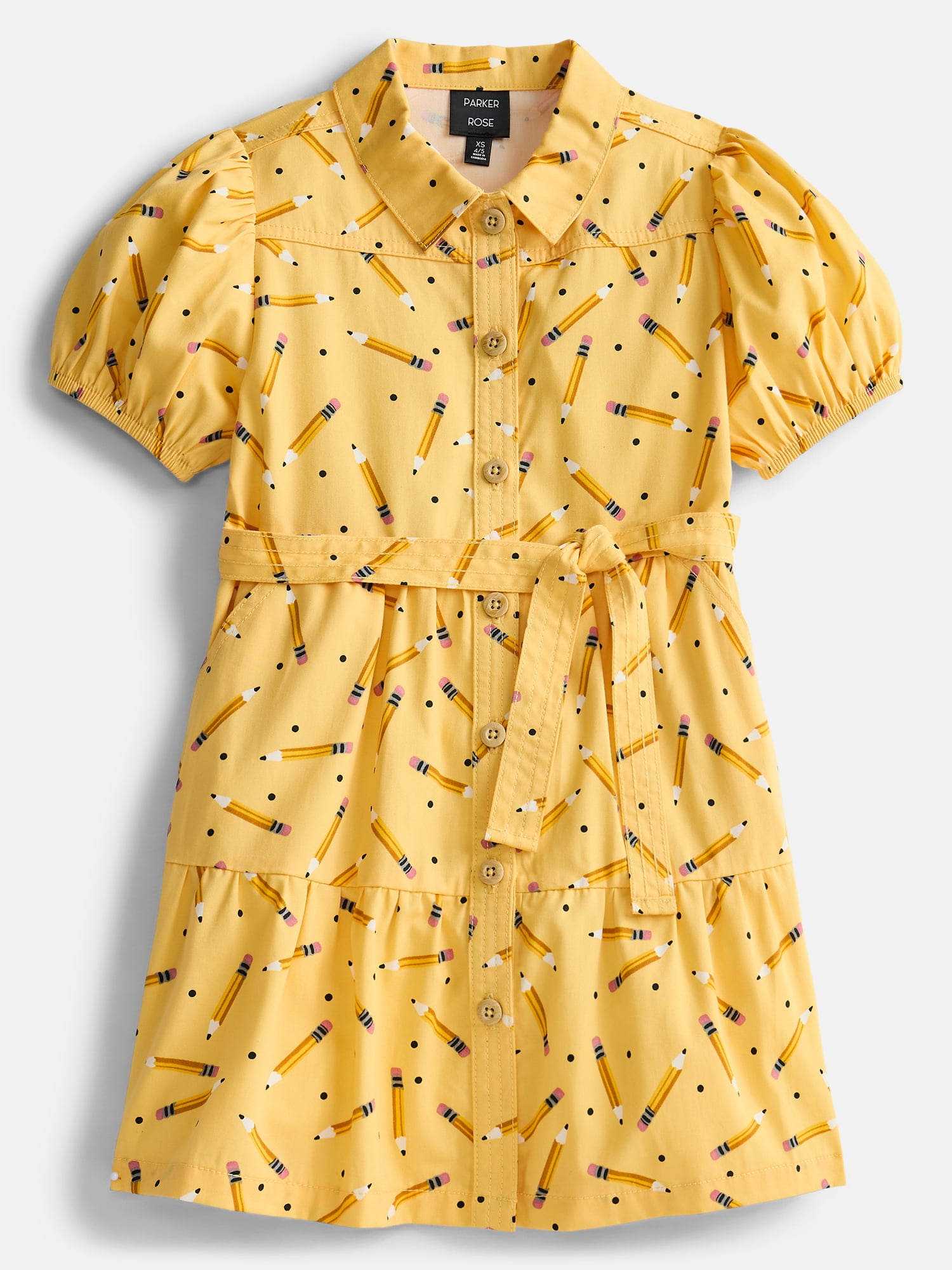 Parker Rose Girls Button Front Tie Waist Dress with Puff Sleeves, Sizes 4-18