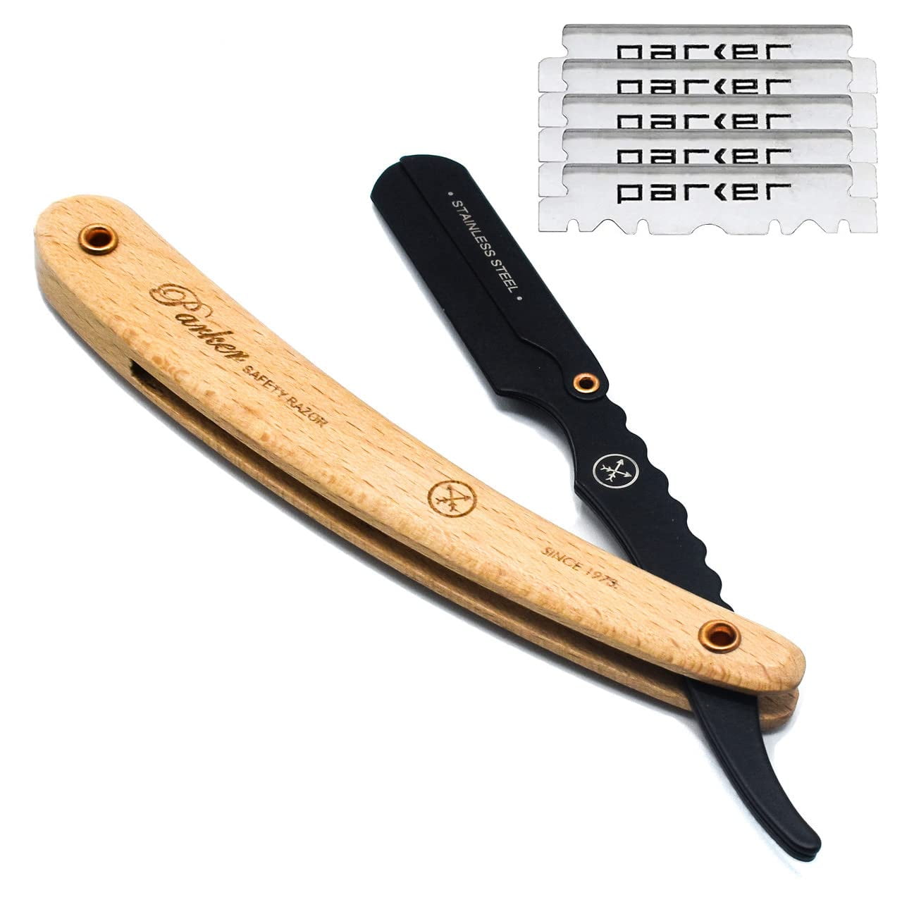 Parker SRP Pine Handle & Stainless Steel Arm Clip Type Straight Barber Razor with 5 Blades ** JUST INTRODUCED FOR FALL 2022 **