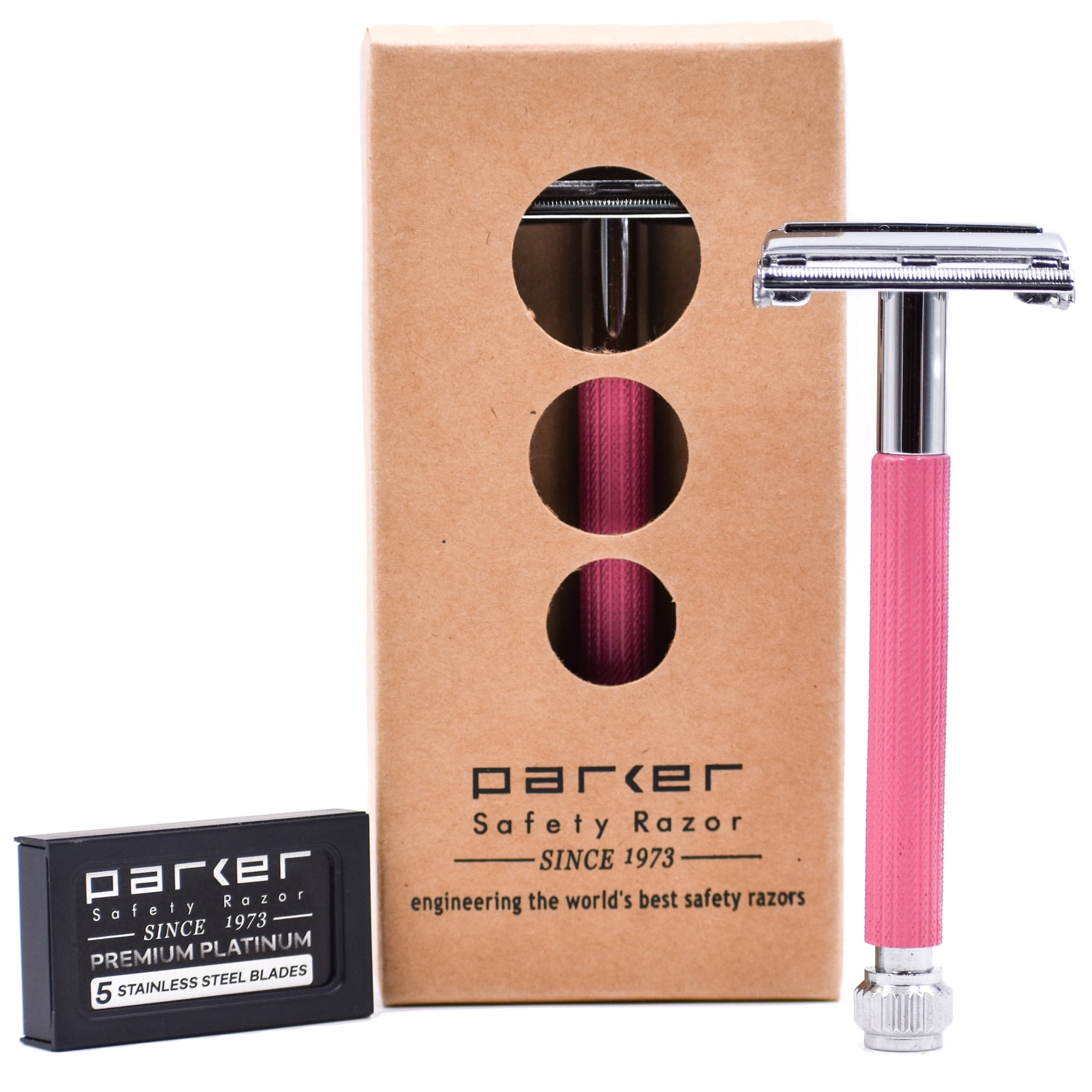 Parker Safety Razor 29L Long Handle Butterfly Open Double Edge Safety Razor & 5 Parker Blades - Pink