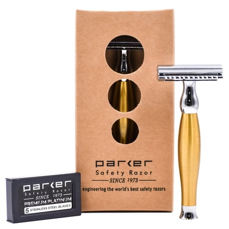 Parker Safety Razor 48R 3-Piece Double Edge Safety Razor in Gold Finish–5 Parker Blades Included