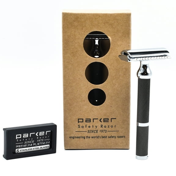 Parker Safety Razor 71R Long Handle Double Edge Safety Razor with 5 Parker Platinum Stainless Steel Razor Blades
