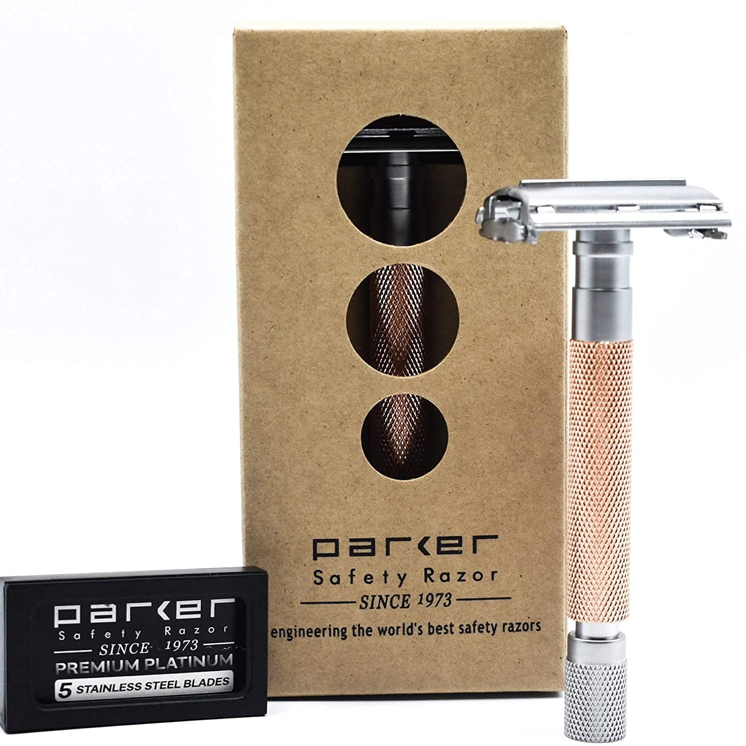 Parker Safety Razor 74R Butterfly Twist-to-Open Double Edge Safety Razor with 5 Parker Platinum Blades (Rose Gold)