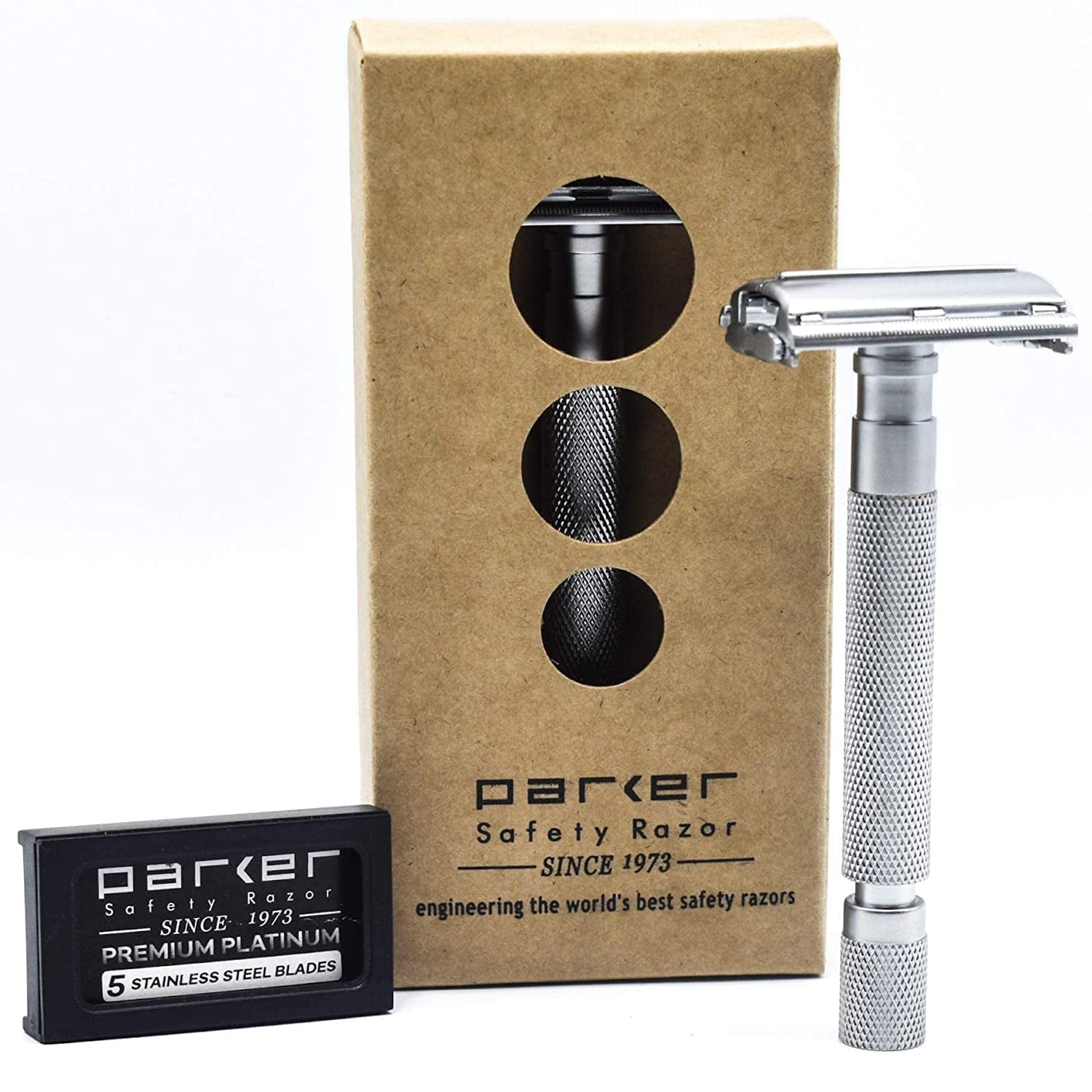 Parker Safety Razor 74R Butterfly Twist-to-Open Double Edge Safety Razor with 5 Parker Platinum Blades (Satin Chrome)