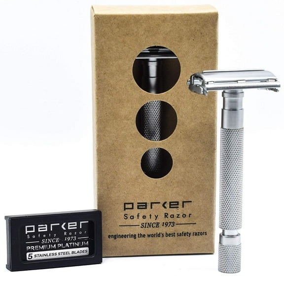 Parker Safety Razor 74R Butterfly Twist-to-Open Double Edge Safety Razor with 5 Parker Platinum Blades (Satin Chrome)