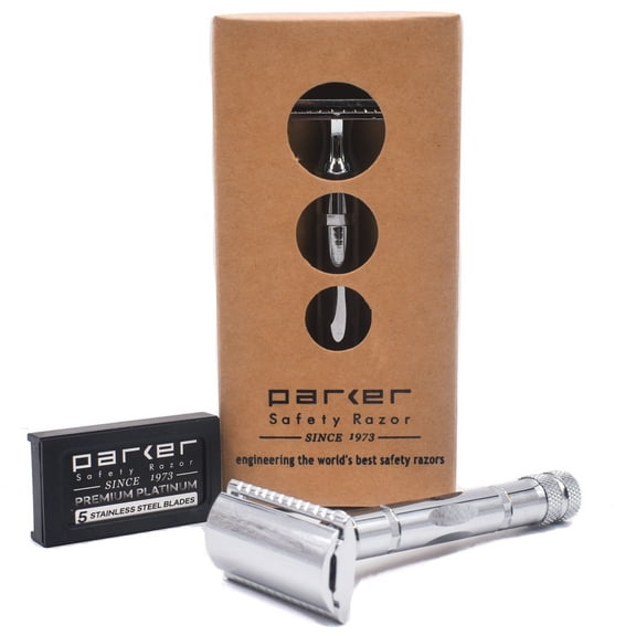 Parker Safety Razor 89R 3-Piece Safety Razor with 5 Blades - Brass and Chrome Plated