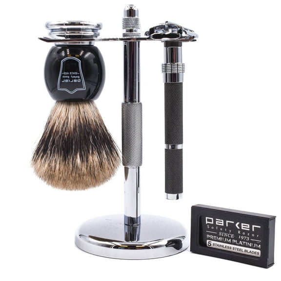 Parker Safety Razor 96R Men's Safety Razor Shave Set - Pure Badger Brush, Shave Stand & Razor